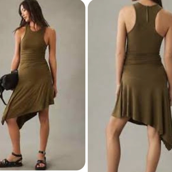 Anthropologie Daily Practice Olive Green Racer Back Ruched Asymmetrical Dress S - Picture 2 of 10